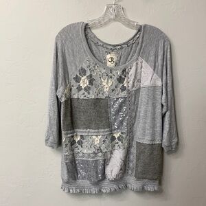 Anthro One September Grey patchwork lace top.M.NWT